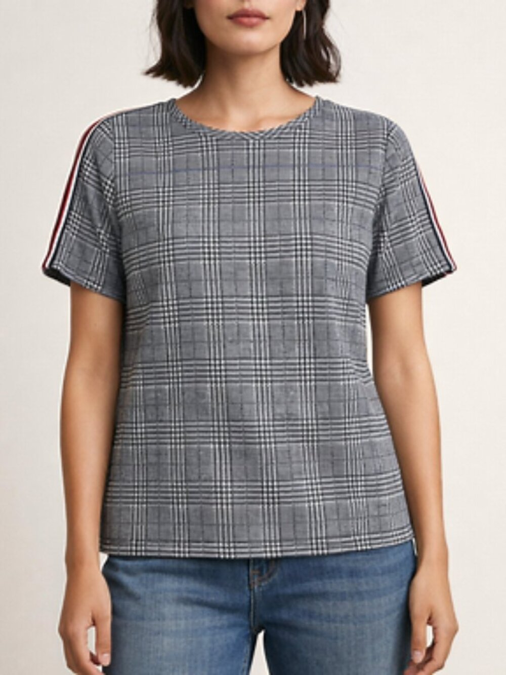 Banana Republic Top Sz XS Houndstooth Red and White Stripe on Sleeves